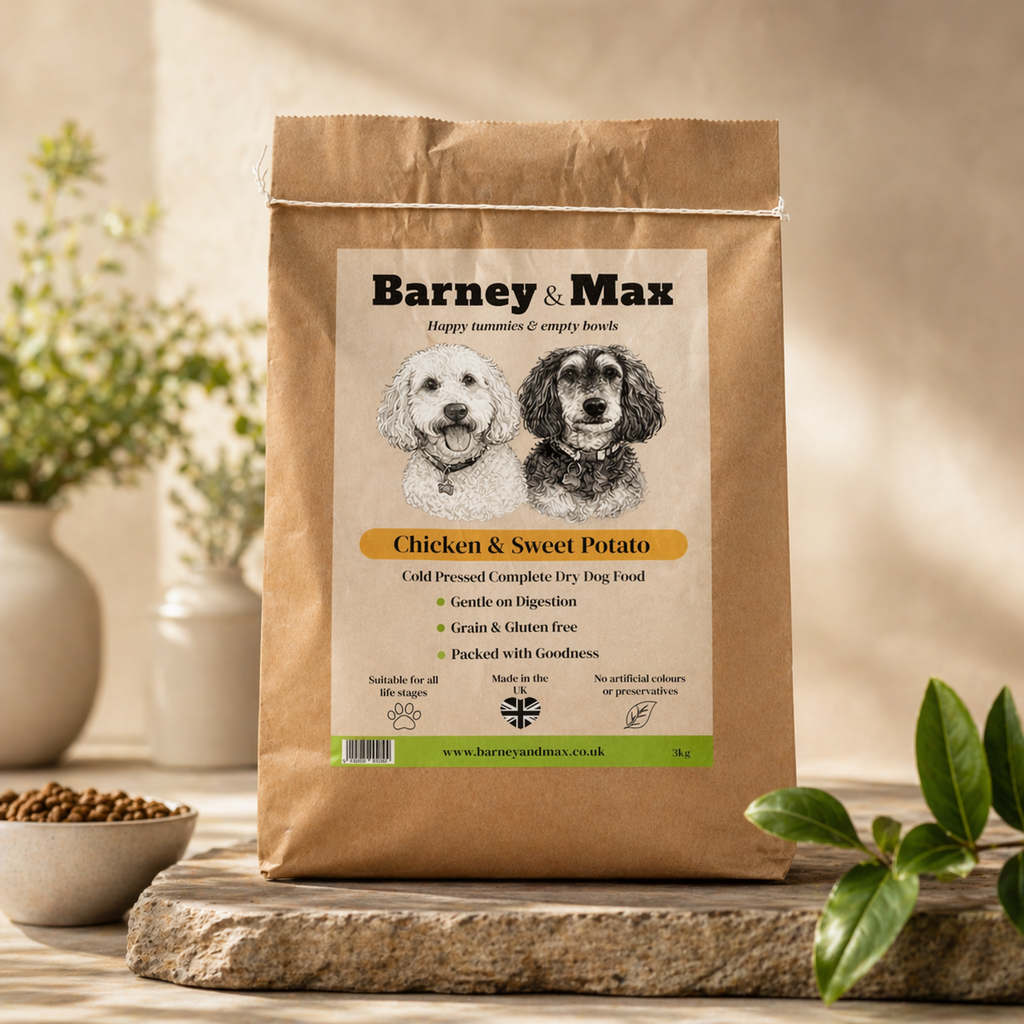 Bag of Barney & Max dog food with a natural background